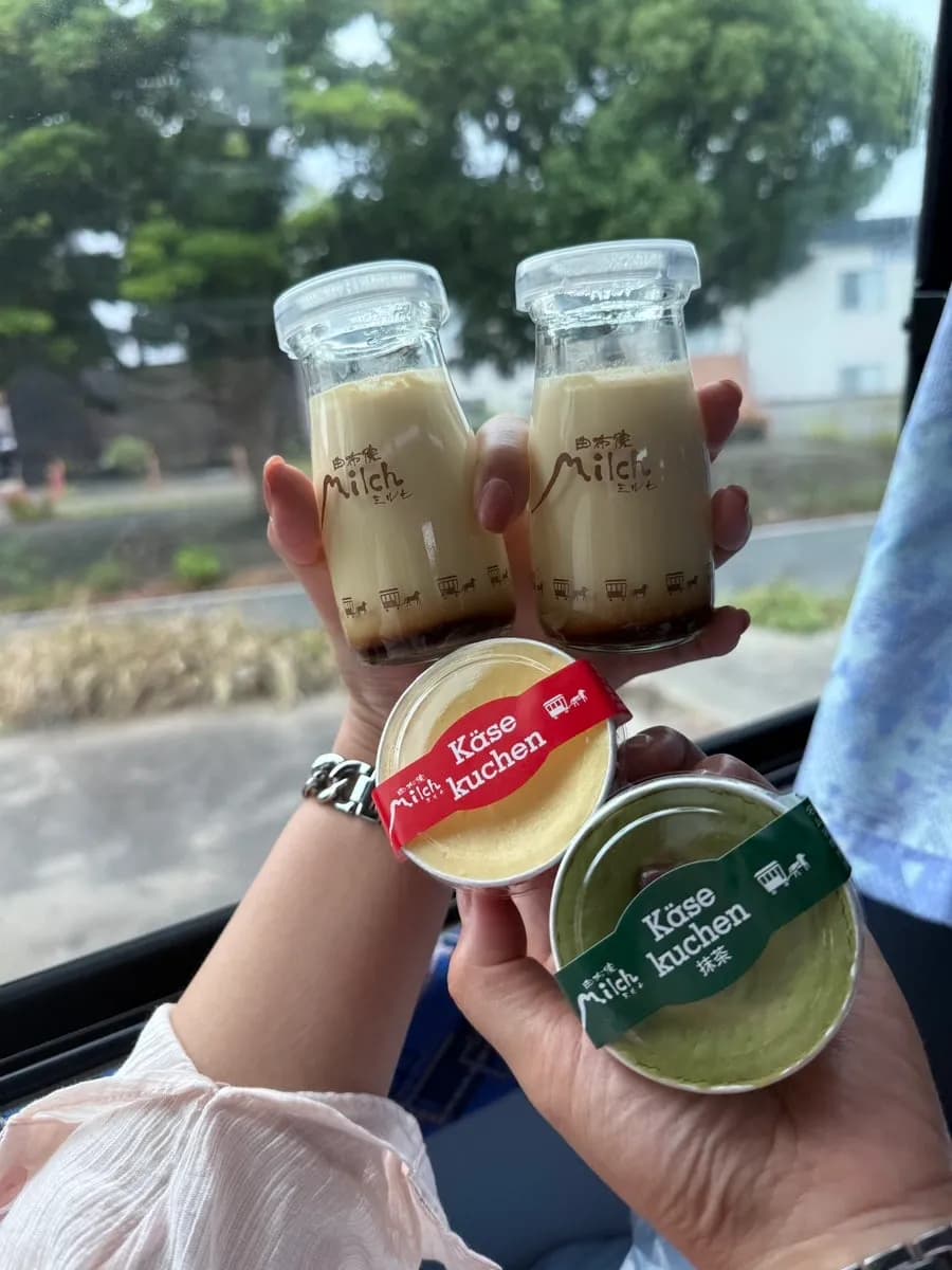 Packaged matcha set and added original pudding from Yufuin Milch