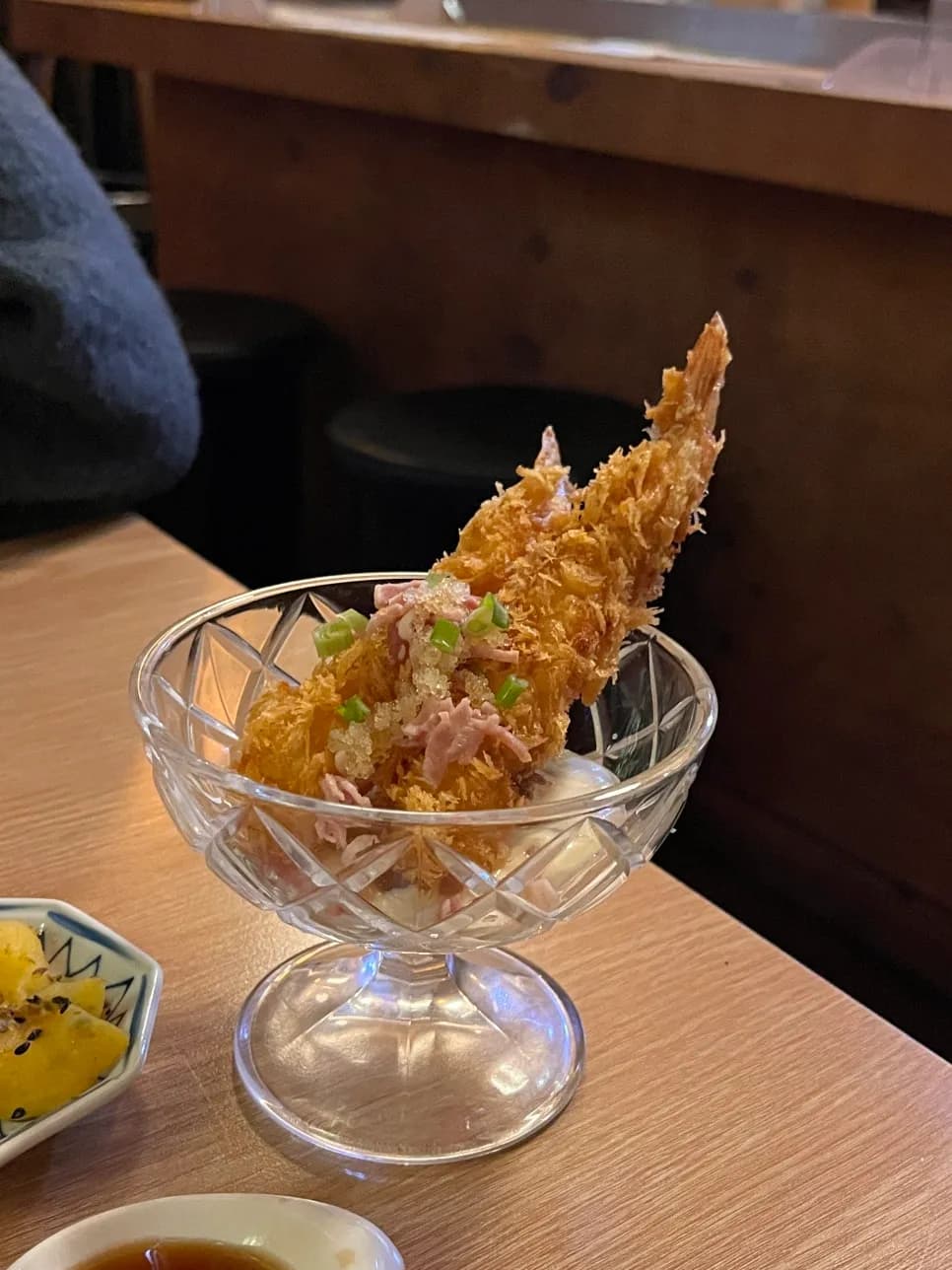 Shrimp tempura with tartar sauce, bacon, and flying fish roe