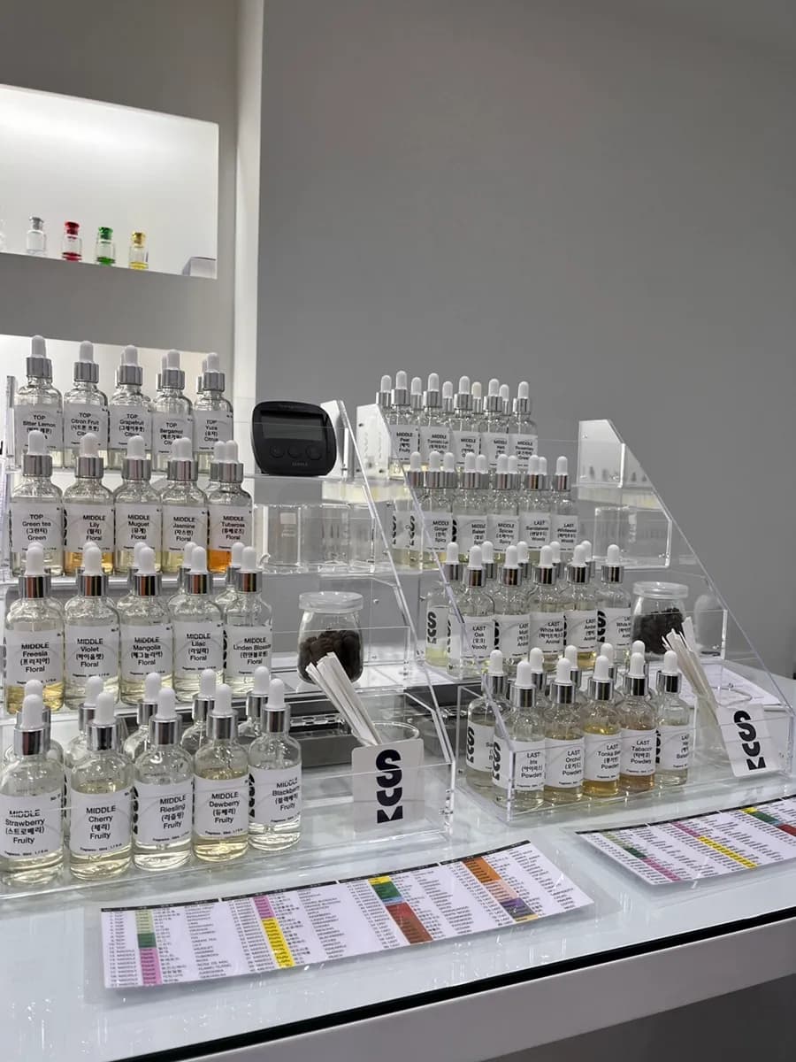 Rows of scent bottles inside the Some Scent perfume workshop