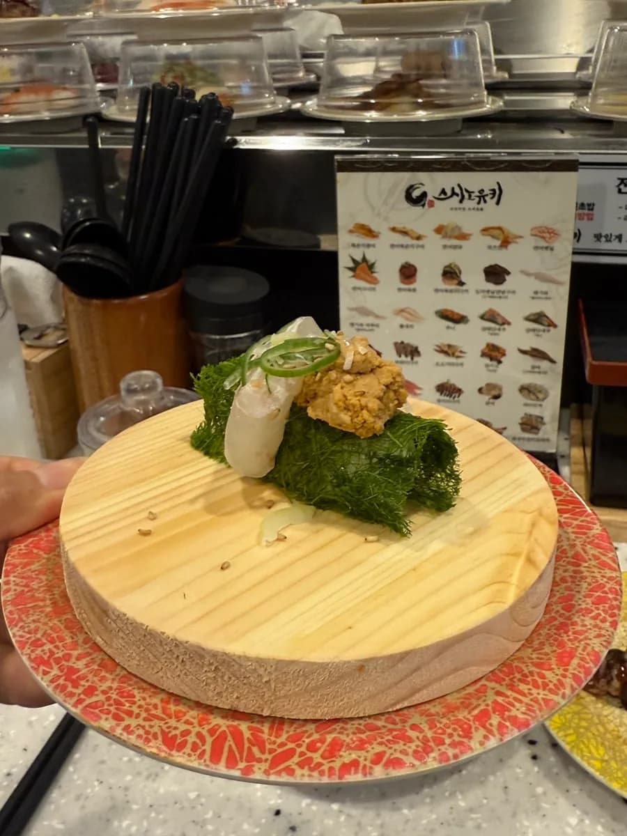Onion salmon and aged-kimchi flounder sushi at Sushino Yuki