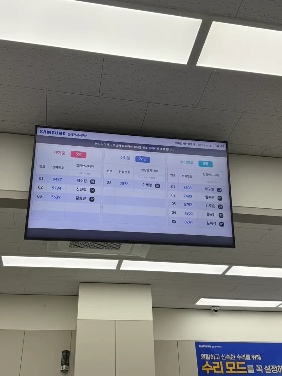 Wartestatus und zugewiesener Schalter im Samsung Service Center West Anyang