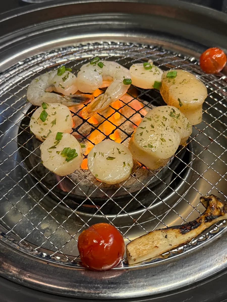 Shrimp and scallops included in the Sugoi Set at Yakiniku Yoshi