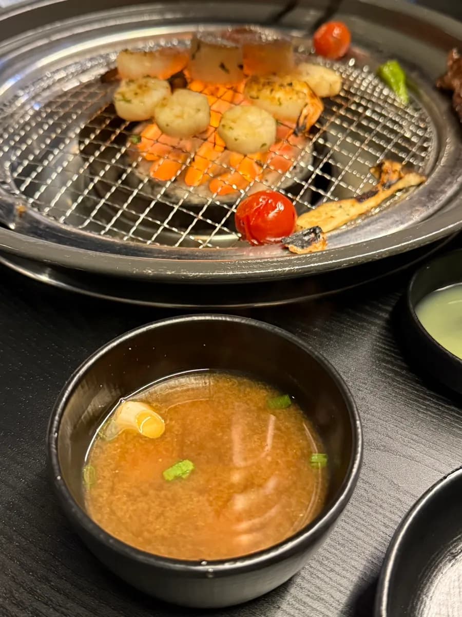 Shrimp, scallops, and warm soybean paste soup at Yakiniku Yoshi