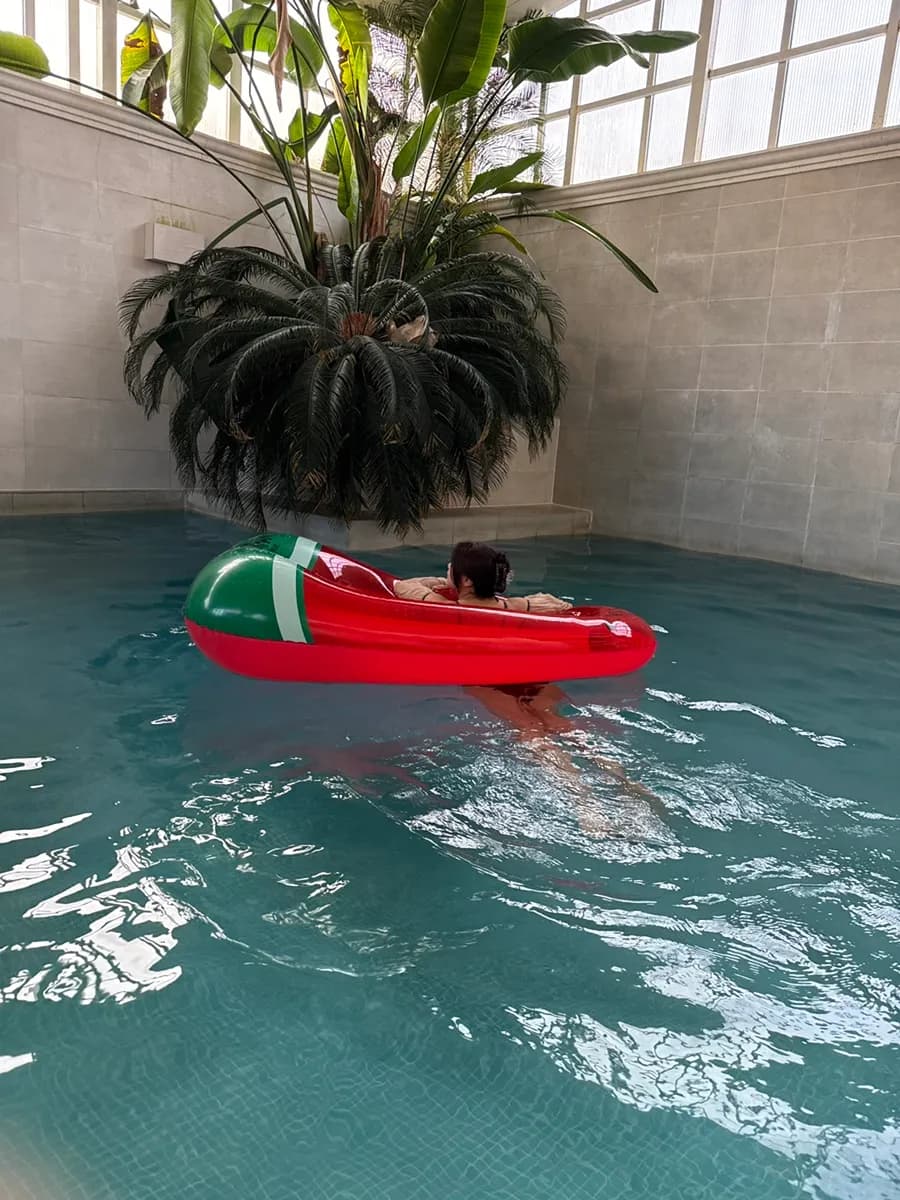 Mainit na indoor greenhouse pool na may kasamang tubes para sa mga bisita