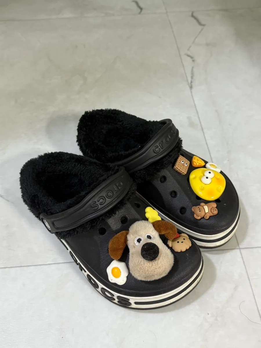 Finished DIY fleece Crocs worn with the strap toward the front