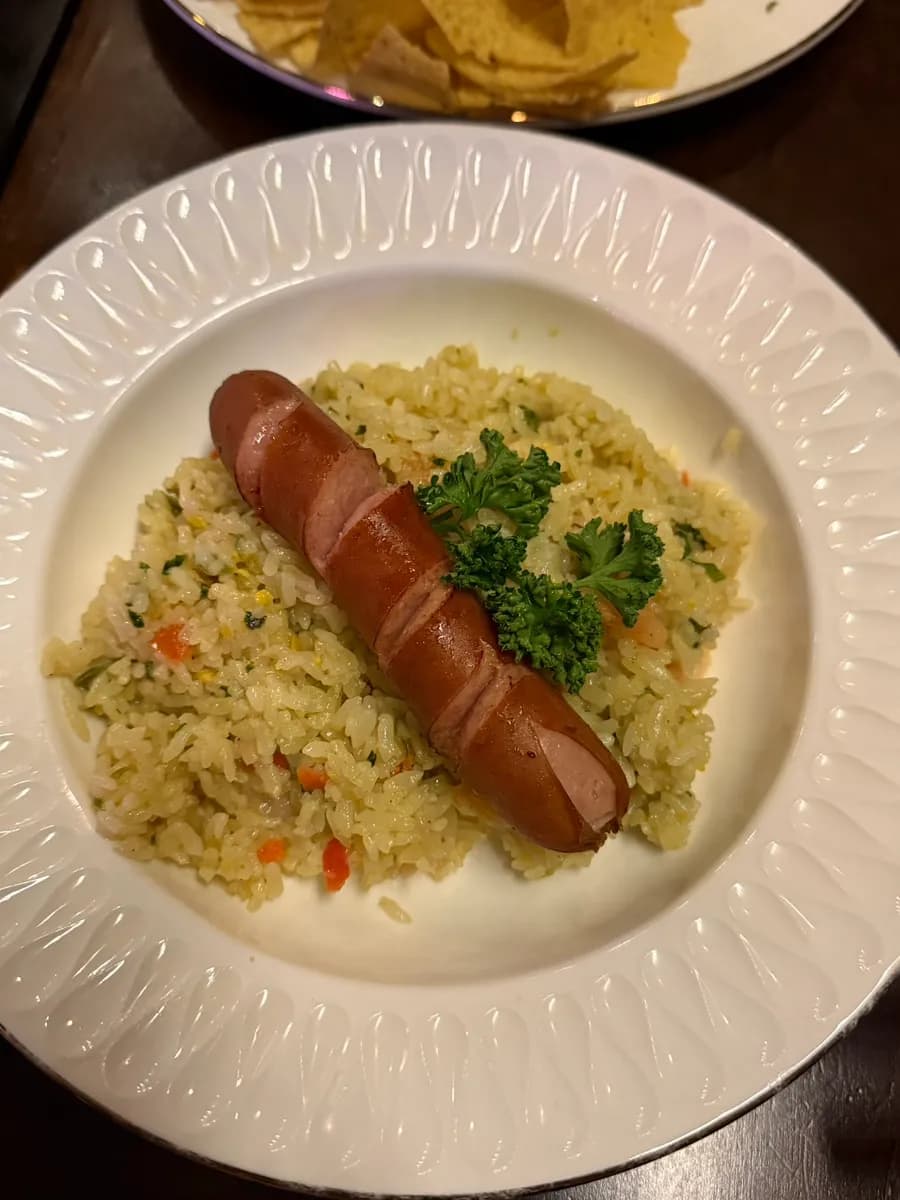Sausage and shrimp pilaf ordered as a cocktail snack at 1014