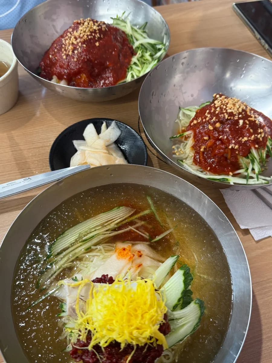 Water milmyeon, bibim milmyeon and extra noodles ordered at Busan Gaya Milmyeon
