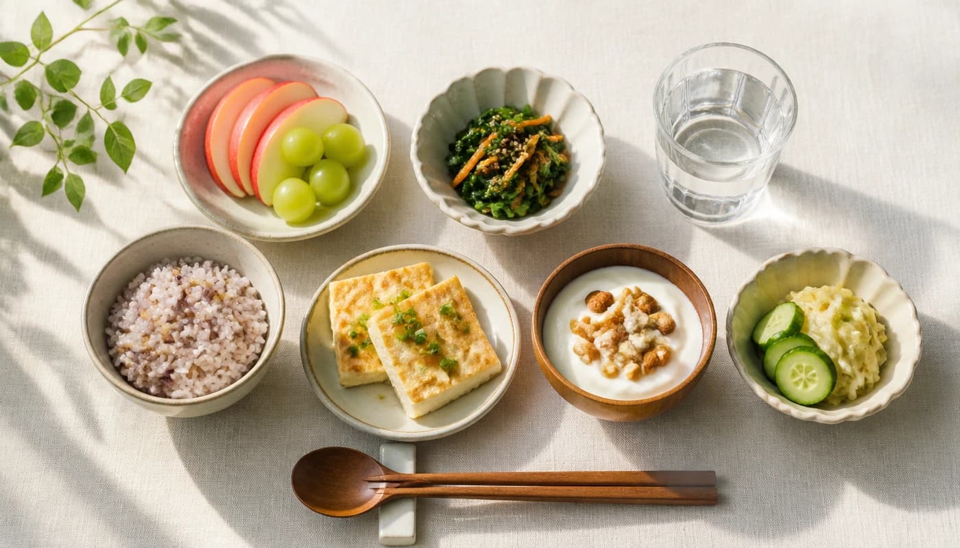 밥, 단백질 반찬, 채소, 요거트와 과일이 함께 놓인 균형 잡힌 작은 아침 식사 예시
