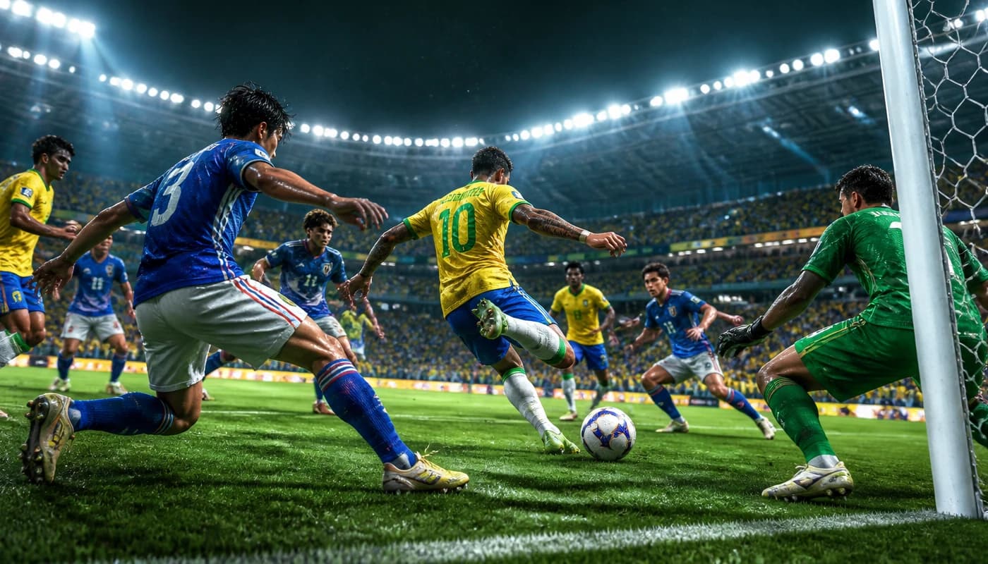 브라질과 일본의 월드컵 토너먼트 경기에서 막판 역전 분위기를 상징하는 축구 장면