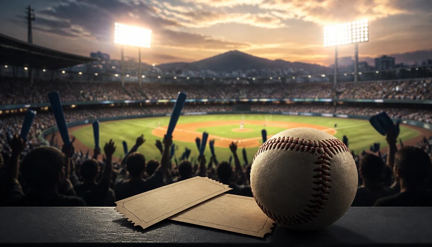 초여름 저녁, 관중으로 가득 찬 한국 야구장과 야구공, 빈 티켓이 함께 놓인 KBO 흥행 분위기의 장면