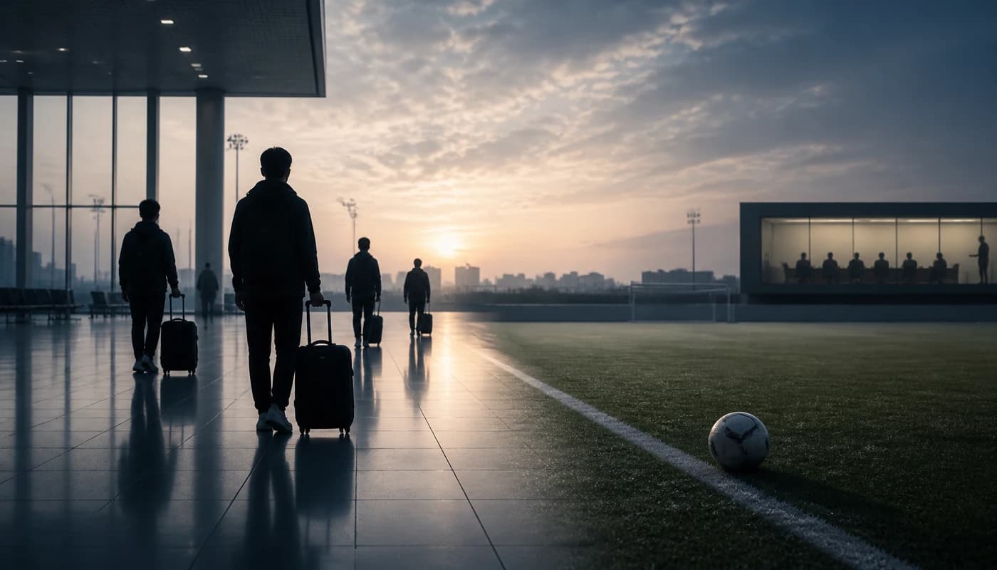 새벽 공항 도착장과 축구장을 겹쳐 보여주는 한국 축구 책임론 콘셉트 이미지
