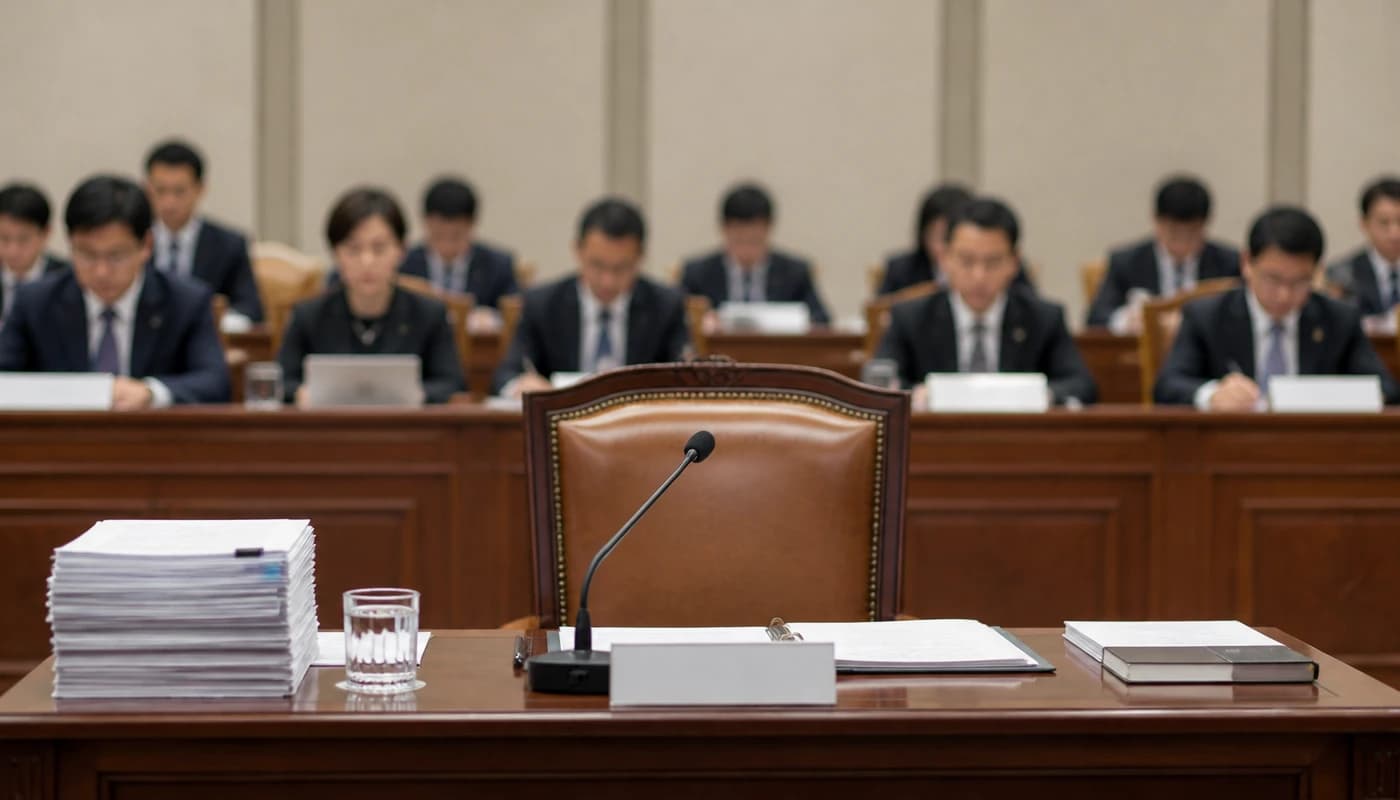 국회 인사청문회장을 상징하는 빈 증인석과 마이크, 서류 더미가 놓인 장면