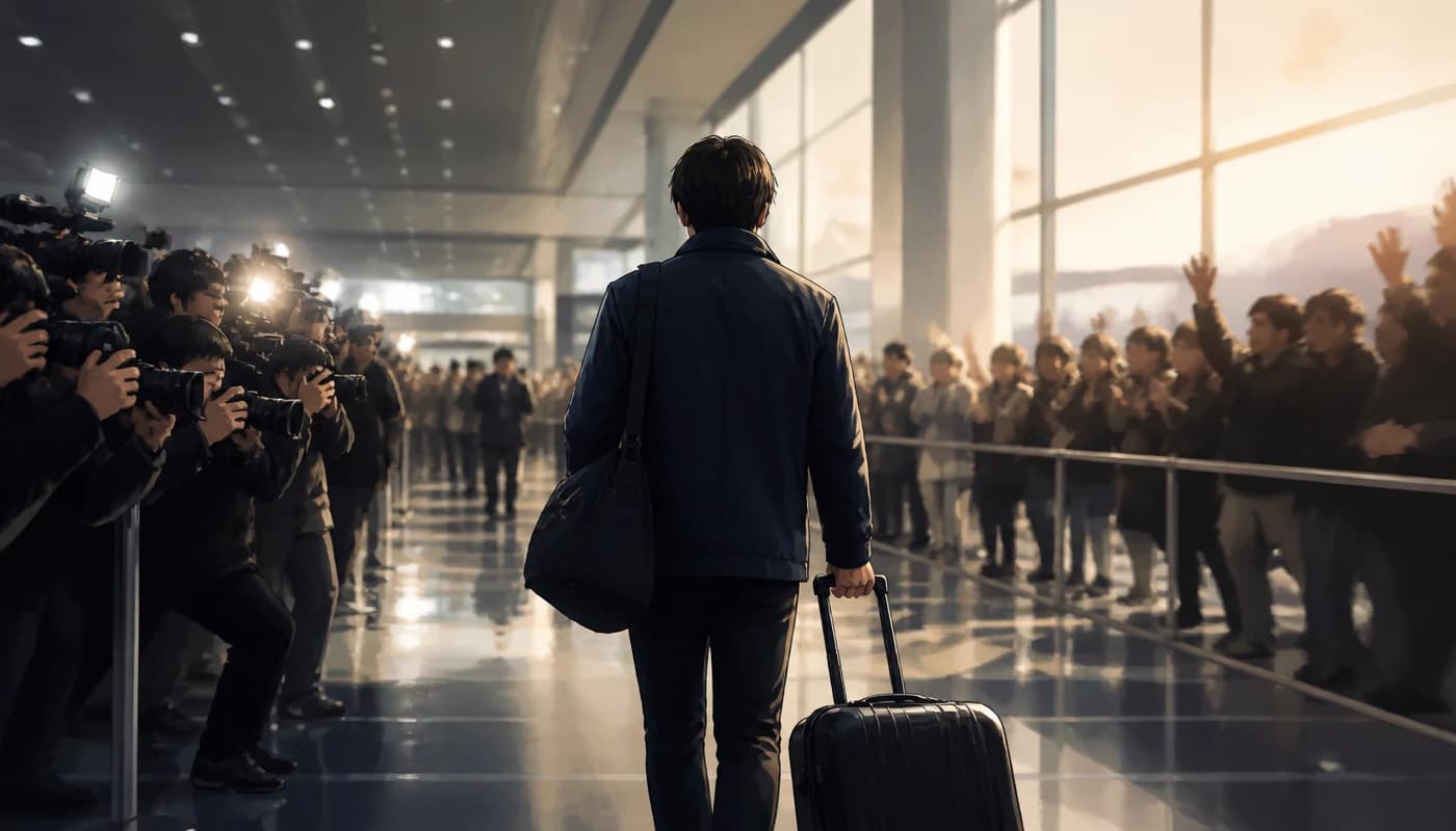 공항 입국장에서 취재진과 팬들의 시선 속에 귀국하는 축구대표팀 관계자의 뒷모습을 표현한 일러스트