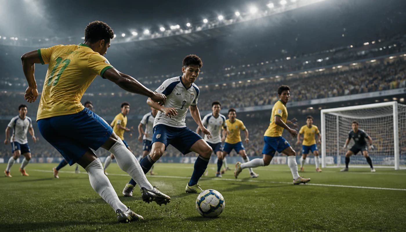 브라질과 일본의 월드컵 토너먼트 경기에서 후반 반격 분위기를 상징하는 축구 장면