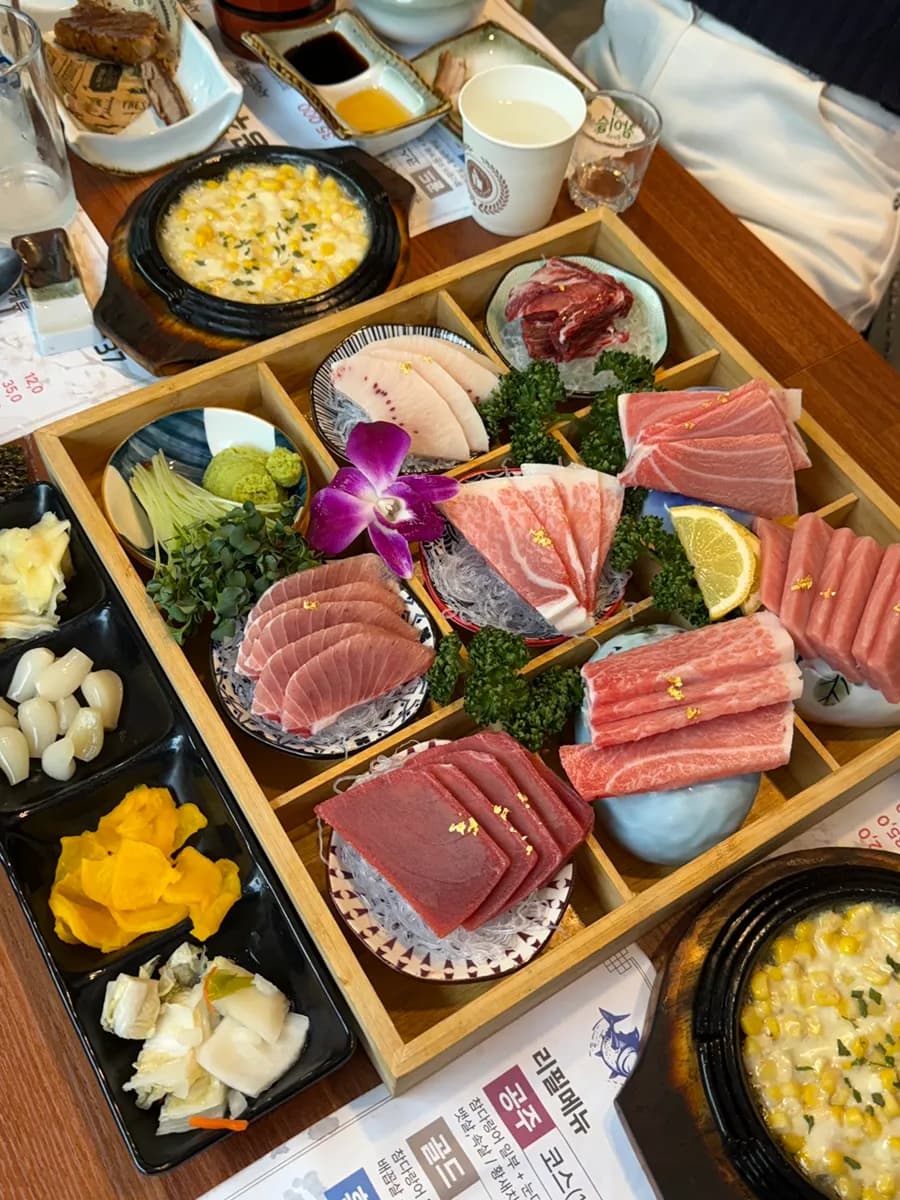 Fresh tuna sashimi platter with different cuts at Chamchi Gongju