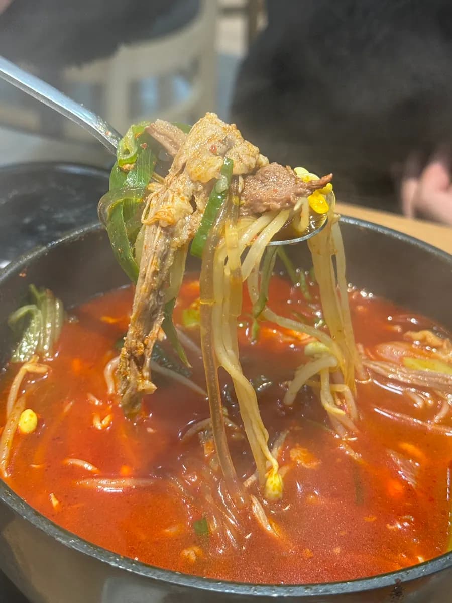 加入牛肉、粉丝和豆芽的辣味韩牛汤饭