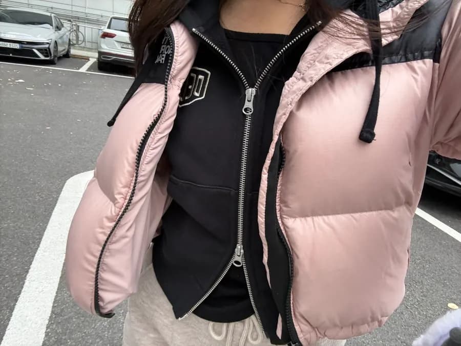 การใส่ Deus Ex Machina cropped hoodie คู่กับ The North Face Nuptse short jacket