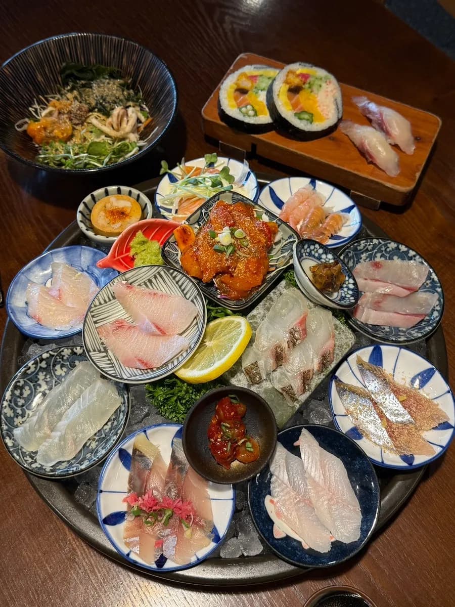Seafood appetizer with truffle salt and house-made soy sauce for sashimi