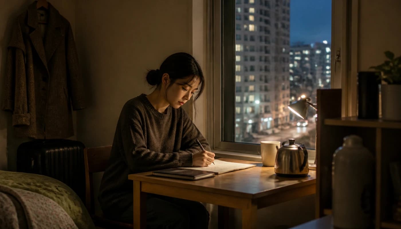 서울의 작은 방에서 편지를 쓰는 젊은 여성의 조용한 정착 장면