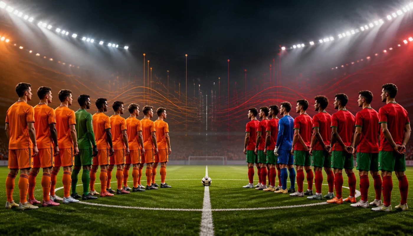 네덜란드와 모로코를 약팀과 강팀이 아닌 대등한 상위권 축구 경쟁자로 표현한 상징적 장면