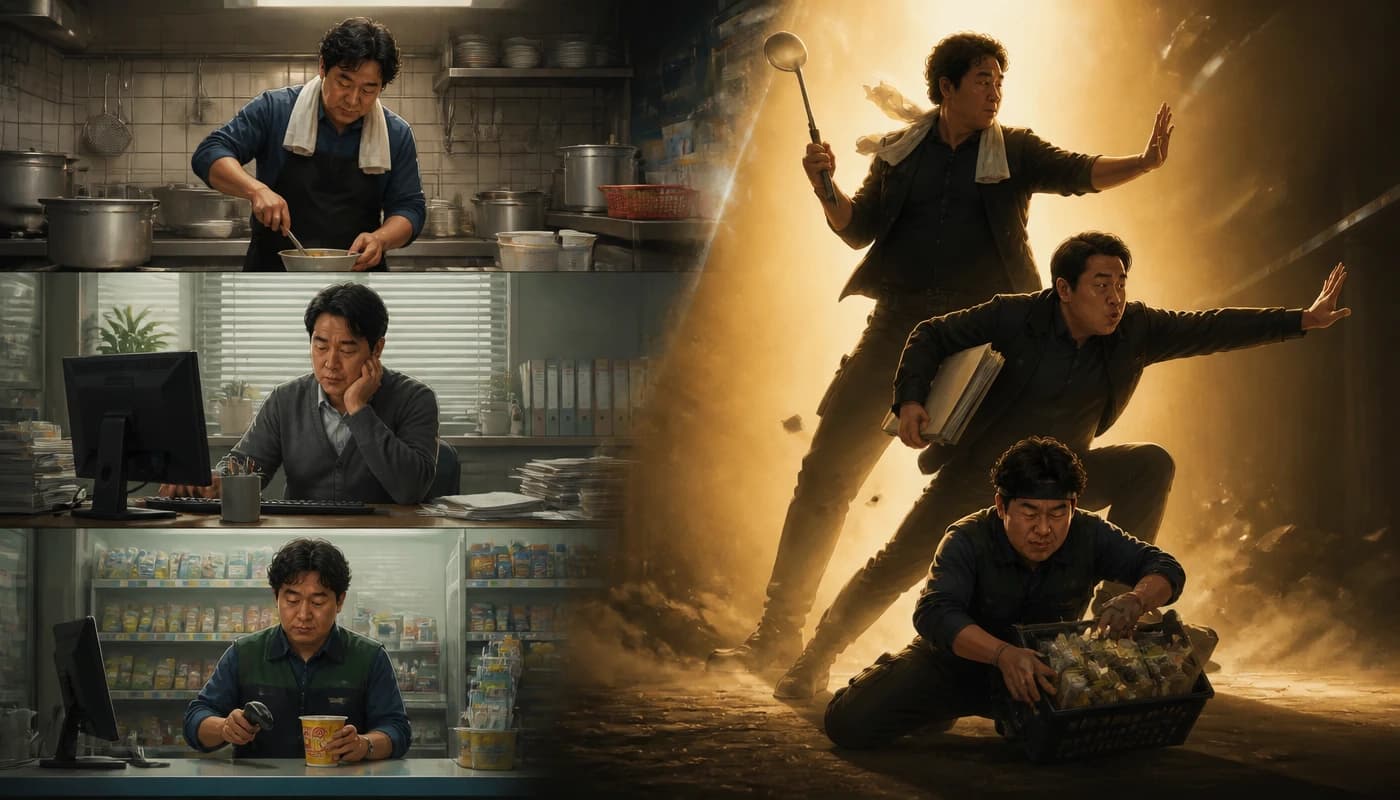 평범한 일상 공간과 첩보 액션 분위기가 반반 섞인 중년 재도전 콘셉트 이미지