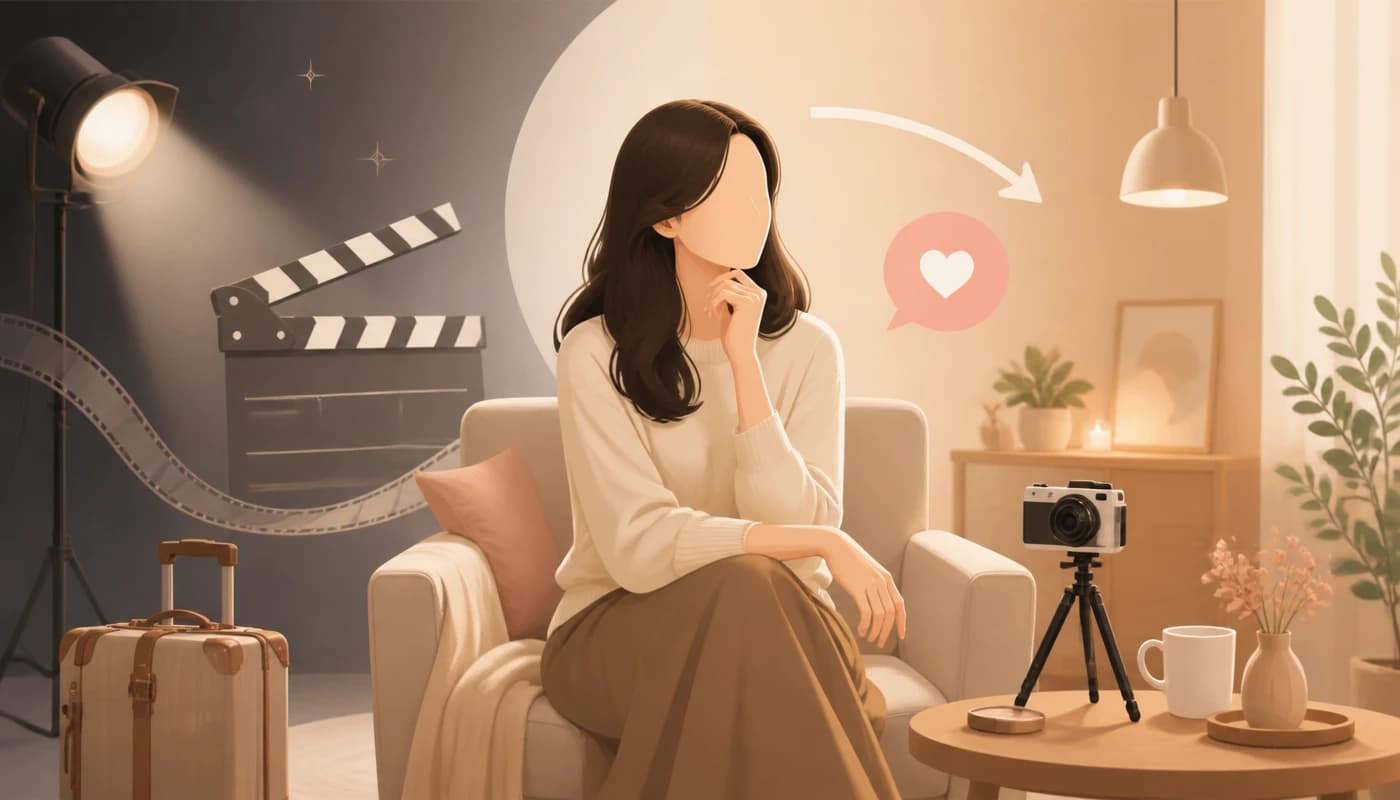배우 이미지와 유튜브 친밀감이 겹치는 변화를 보여주는 상징적 구성