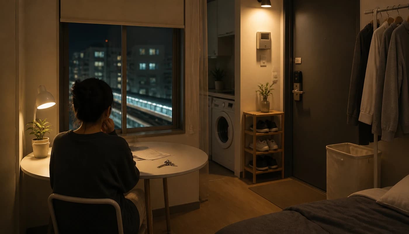 혼자 사는 작은 방에서 안전, 월세, 출퇴근, 관리비를 고민하는 익명의 사람 이미지